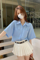 Short Sleeve Basic Colors Cropped Blouse Shirts